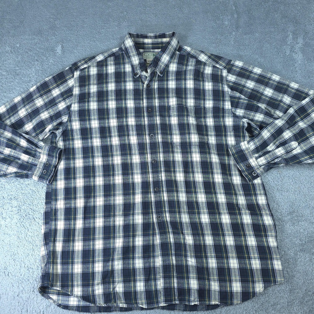 L.L. Bean Shirt Mens XL Blue Plaid Flannel Button Front Long Sleeve 100% Cotton